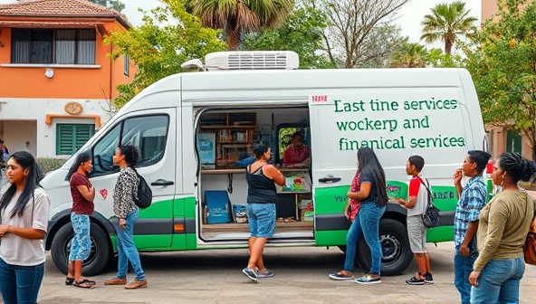 A mobile van parked in a vibrant community setting, with people of diverse backgrounds engaging with banking services and financial literacy materials, creating a welcoming and inclusive atmosphere for financial empowerment on wheels.