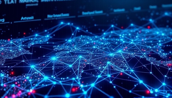 An array of interconnected data points and graphs forming a futuristic digital landscape, symbolizing the complex and dynamic market insights generated by InsightIntel Labs through advanced data analytics and AI technologies.
