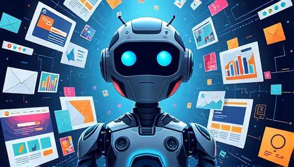 An imaginative illustration of a robot surrounded by colorful website layouts and design elements, symbolizing creativity and efficiency in AI-powered design generation.