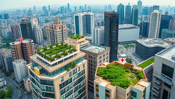 An aerial view of a bustling cityscape with various buildings adorned with lush rooftop gardens, highlighting the harmonious blend of urban infrastructure and greenery, symbolizing sustainability and eco-friendly urban development.