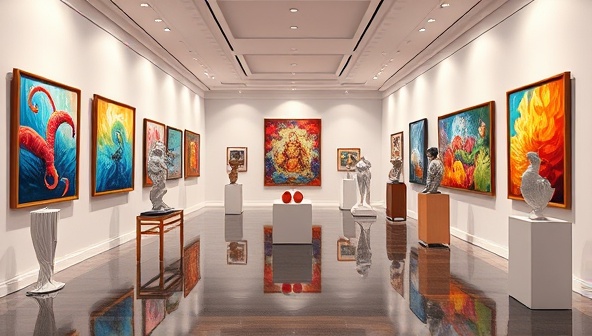 A virtual art gallery setting with colorful paintings, sculptures, and digital art installations displayed in an elegant and immersive environment, inviting users to explore and appreciate art from different perspectives in a digital space.