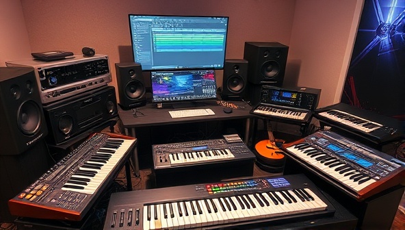 A vibrant and creative virtual music production studio setup with digital audio workstations, MIDI controllers, musical instruments, and collaborative tools, illustrating the collaborative and innovative nature of virtual music creation and production.