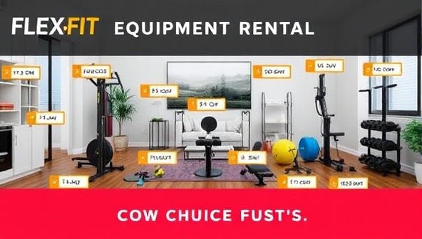 An eye-catching visual featuring a range of fitness equipment neatly arranged in a modern living room setting, with vibrant colors and clear labels, highlighting the convenience and versatility of FlexFit Rentals' equipment rental service.