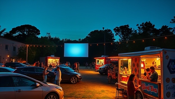 An inviting outdoor setting featuring a drive-in movie theater screen with parked cars, illuminated food trucks offering a variety of dishes, and guests enjoying a movie and dining experience under the stars, evoking a sense of community, entertainment, and culinary delight in a retro-inspired ambiance.