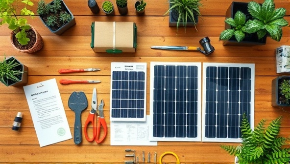An aesthetic flat lay of a DIY renewable energy kit with solar panels, tools, and instructions spread out on a wooden workbench, surrounded by greenery and natural light, evoking a sense of eco-friendly creativity and empowerment.