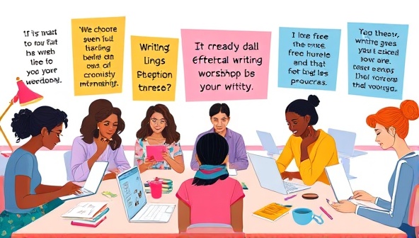 A vibrant digital illustration of a virtual writing workshop environment, featuring diverse participants engaging in creative activities on laptops and tablets, with inspirational quotes and writing prompts displayed in the background, conveying a sense of community and creativity.
