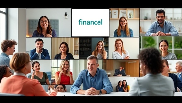 A virtual workshop setting with a diverse group of participants engaging in discussions around financial topics, led by a charismatic financial coach, conveying a sense of learning and community.