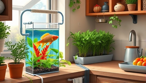 An artistic rendering of a cozy kitchen corner adorned with an aquaponic kit, showcasing a transparent fish tank connected to a plant bed filled with lush herbs, creating a harmonious and decorative home gardening setup.