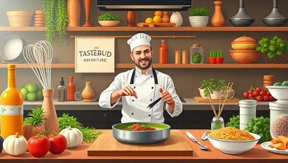 An appetizing digital illustration of a virtual cooking class, with a chef guiding participants through a culinary demonstration of a signature dish, surrounded by fresh ingredients, kitchen utensils, and a vibrant food backdrop, capturing the essence of TasteBud Adventures as a culinary journey from home.