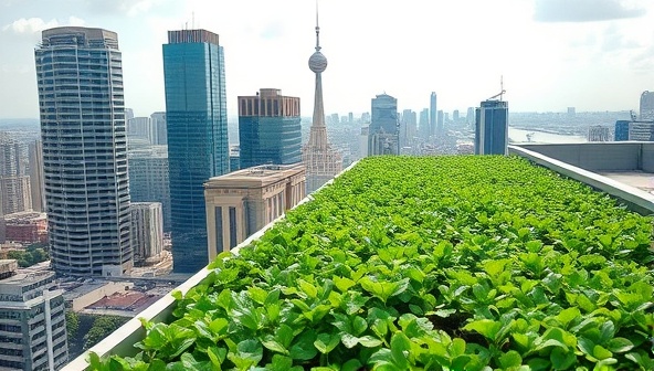 An urban skyline with a lush green rooftop garden filled with thriving plants under the cityscape, showcasing the innovative and sustainable nature of SkyHarvest Greens' urban farming concept.