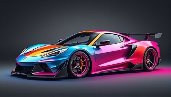 An engaging digital rendering of a sleek, customized sports car with vibrant colors, aggressive body kits, and customized wheels, highlighting the creativity and personalization aspect of the platform.