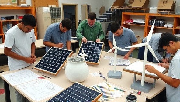 A workshop setting with participants assembling solar panels and wind turbine models under the guidance of instructors, surrounded by tools, schematics, and renewable energy resources, conveying hands-on learning and empowerment through renewable technology.