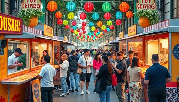 An energetic street scene with colorful food trucks lined up, customers sampling various fusion dishes, live music in the background, and vibrant decorations creating a festive and multicultural atmosphere.