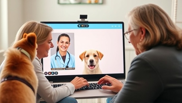 A heartwarming scene featuring a pet owner engaging in a virtual consultation with a caring veterinarian, with a cute dog or cat in the background, showcasing the convenience and compassion of the online pet wellness service.