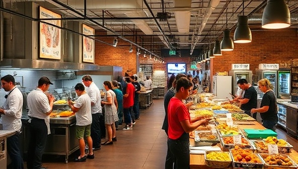 A dynamic culinary incubator space buzzing with creativity, chefs collaborating in a shared kitchen, food entrepreneurs testing recipes, and a bustling market area filled with diverse food concepts and eager customers, fostering innovation and culinary entrepreneurship in a vibrant community setting.