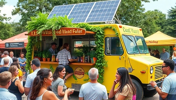 A vibrant food truck adorned with greenery and solar panels, surrounded by customers enjoying plant-based meals served in compostable containers, creating a lively and environmentally conscious dining scene.