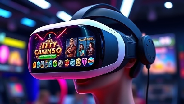 A futuristic, sleek virtual reality headset displaying colorful casino game interfaces in a high-tech environment, symbolizing the immersive and cutting-edge experience of VR gambling.