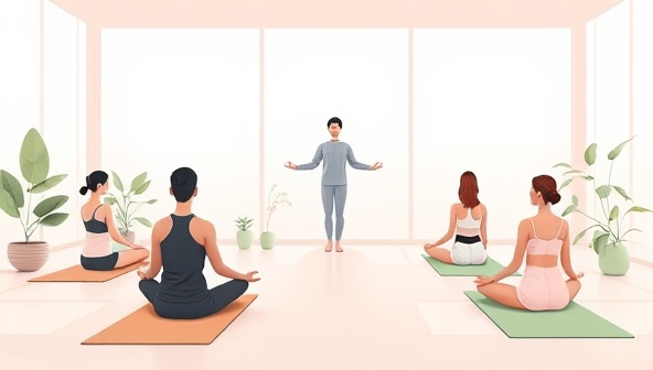 A serene digital illustration depicting a virtual yoga class led by an instructor, with participants practicing poses and meditation techniques on their yoga mats in a calming virtual environment filled with nature elements and peaceful vibes.