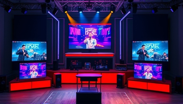 A vibrant and dynamic virtual event setup with multiple screens showing different event elements like a stage, audience interactions, and live performances, conveying the essence of virtual event planning.