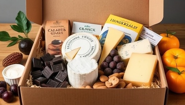 An enticing image of a beautifully arranged food subscription box filled with artisanal cheeses, handmade chocolates, fresh fruits, and gourmet snacks, evoking a sense of culinary discovery and local gastronomy.