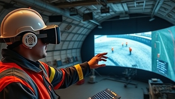 An immersive virtual reality environment showcasing a miner undergoing safety training simulations, wearing VR gear and interacting with realistic scenarios, emphasizing the hands-on and practical nature of SafeMine Academy's training programs.