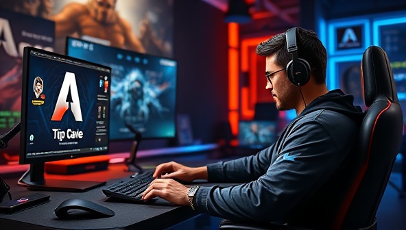 An exciting visual of a professional gamer providing tips and strategies during a live-streamed consultation session, with a dynamic gaming setup and interactive chat feature, illustrating the engaging and informative nature of the service.