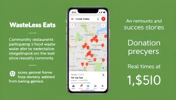 An engaging image of the WasteLess Eats app interface displaying a map with nearby restaurants participating in food waste reduction efforts, donation success stories, and real-time metrics on the amount of food saved from being wasted, highlighting the app's impact and community-driven approach to sustainability.
