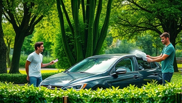 A lush green park setting with a car being gently cleaned by EcoWash professionals using eco-friendly products, surrounded by happy customers and birds chirping, symbolizing the harmony between nature and sustainable car care provided by EcoWash Subscription.