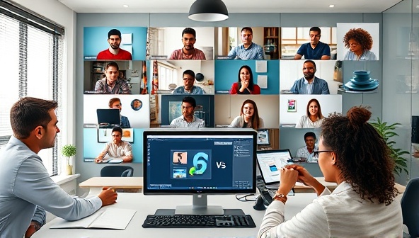 An online learning environment with diverse students engaging in a virtual classroom setting, interacting with design software and sharing ideas, illustrating the interactive and collaborative nature of DesignAcademy Pro.