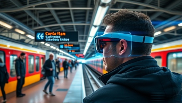 A captivating visual representation showing a commuter wearing AR glasses at a bustling train station, with virtual signs and directions superimposed on the physical environment, guiding the user seamlessly through the station and towards the correct platform, illustrating the convenience and futuristic nature of AR-enhanced public transit navigation.