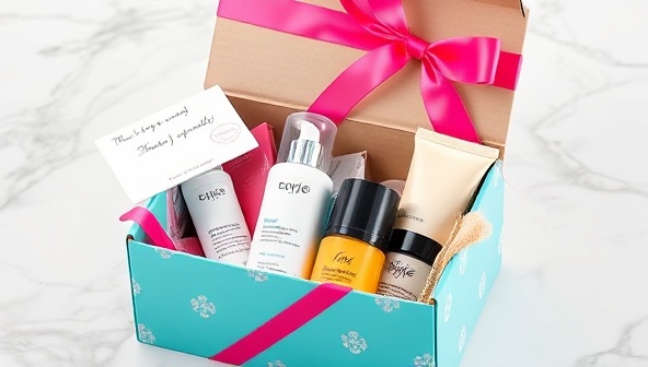 An elegantly wrapped skincare box with vibrant colors and a personalized note, showcasing a selection of high-quality skincare products and accessories peeking out from within, creating an enticing and luxurious visual appeal.