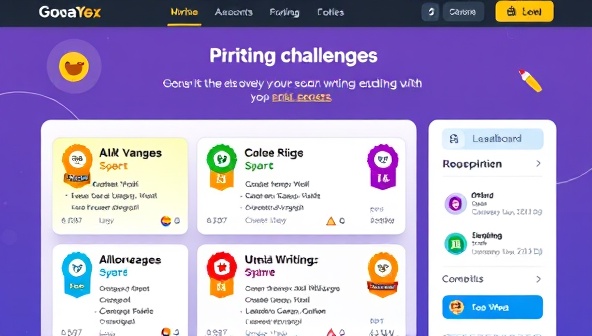 A vibrant and engaging online platform interface showcasing different writing challenges, colorful badges, and a leaderboard of top writers, evoking a sense of competition and creative energy.
