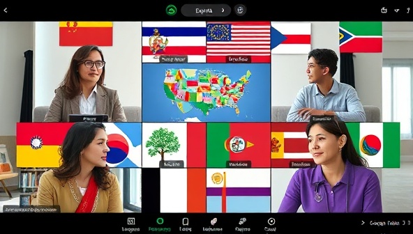 A virtual language exchange session featuring participants from different countries engaging in conversation and cultural sharing, with language learning materials and flags representing diverse nationalities in the background, illustrating a vibrant and inclusive learning environment.