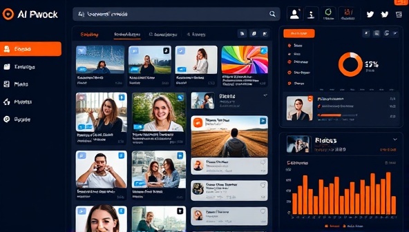 An AI-powered social media dashboard displaying a variety of content posts, engagement metrics, and scheduling recommendations, illustrating the efficiency and data-driven approach of the platform.