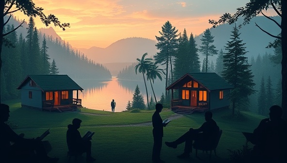 An immersive digital landscape featuring a serene writing retreat environment with cozy cabins, lush greenery, and tranquil lakes, populated by silhouettes of writers engaged in creative activities, evoking a sense of peace, inspiration, and camaraderie.