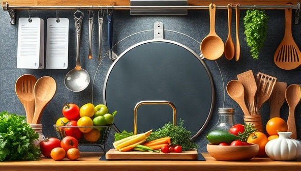 A digital kitchen setup with cooking utensils, fresh ingredients, recipe cards, and virtual cooking stations, creating a vibrant and interactive culinary space for virtual cooking classes and gastronomic adventures.