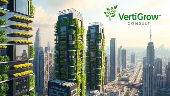 An innovative digital rendering of a futuristic urban landscape with skyscrapers featuring integrated vertical farming systems from VertiGrow Consult, showcasing a sustainable and green vision of city living, with a subtle logo of VertiGrow Consult symbolizing expertise and innovation in vertical farming solutions.