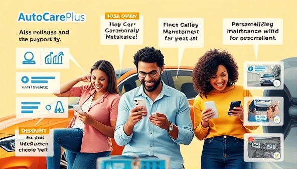 An engaging graphic showcasing a diverse group of car owners happily accessing the AutoCare Plus platform on their devices, with visuals of maintenance tutorials, discount offers, and personalized maintenance plans, conveying convenience and affordability.