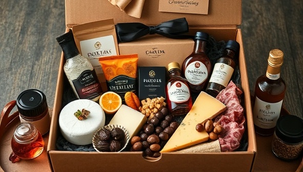 An elegant and luxurious subscription box filled with an assortment of gourmet delights including cheeses, charcuterie, chocolates, and exotic condiments, presented in a sophisticated and lavish packaging, promising a culinary journey of indulgence and discovery.