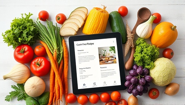 An assortment of colorful and neatly arranged fresh ingredients, with a digital tablet displaying a customized recipe card, conveying the concept of personalized meal planning and culinary innovation.
