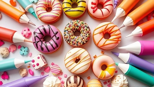 An inviting display of colorful, customizable doughnuts with various toppings and fillings, surrounded by a spread of fresh ingredients and piping bags, evoking a sense of fun and creativity in dessert customization.