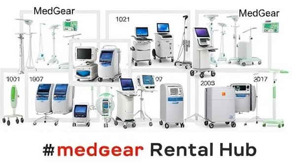 A diverse array of medical equipment items displayed on a digital platform, showcasing the variety and accessibility of devices available for rent on MedGear Rental Hub, promoting the convenience and affordability of online medical equipment rentals.