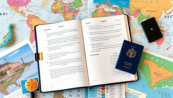 A beautifully designed travel journal open on a table, surrounded by colorful maps, postcards, and a passport, evoking a sense of wanderlust and personalized travel experiences.