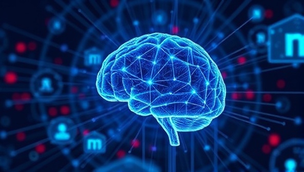 An abstract representation of artificial intelligence, featuring interconnected nodes and data streams, symbolizing the complex algorithms and machine learning processes behind the content recommendation platform.