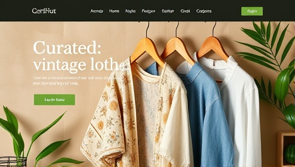 An aesthetically pleasing website layout featuring curated vintage clothing items displayed on wooden hangers against a backdrop of green plants and recycled paper, conveying a blend of style and sustainability in a visually appealing manner.