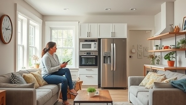 A home interior with a consultant discussing energy-saving strategies with homeowners, showcasing energy-efficient appliances, insulation, and smart home devices, creating a cozy and sustainable living space.