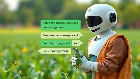 An interactive chatbot interface with AgriAssist Bot engaging in a conversation with a farmer, providing real-time advice on crop care and pest management, demonstrating the convenience and efficiency of AI-powered customer support in agriculture.