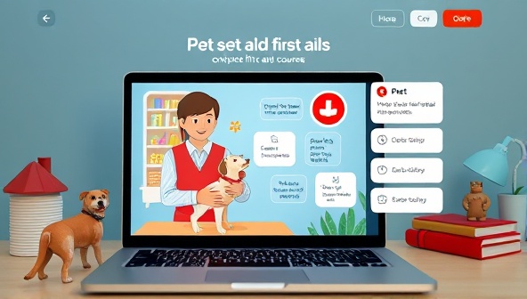 An online course platform interface with engaging pet-themed graphics, a virtual instructor demonstrating first aid techniques on a pet mannequin, and interactive quizzes, creating an immersive and educational image for the online pet first aid courses.