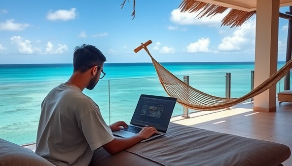 A digital nomad working on a laptop at a beachside villa, with a panoramic ocean view and a hammock in the background, showcasing the ideal workation setup for remote professionals seeking work-life balance.