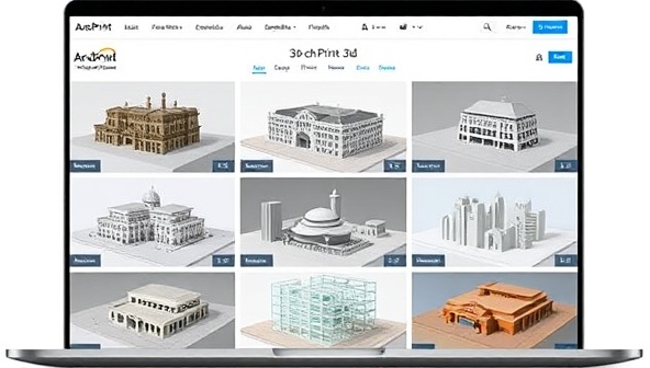 An online platform featuring a range of 3D-printed architectural models, from intricate building designs to urban landscapes, displayed in a visually appealing and professional manner, highlighting the precision and craftsmanship of ArchPrint 3D's model-making service.